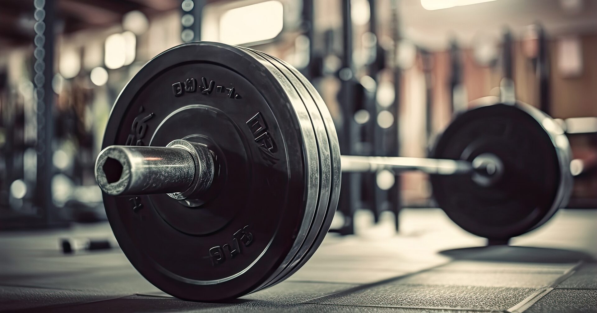 Close-up of a loaded barbell with black weight plates on a gym floor with blurred fitness equipment in the background.