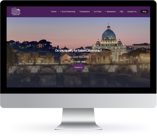 Website homepage displaying a scenic view of Rome with St. Peter's Basilica at dusk, featuring a call-to-action about Italian citizenship qualification with a contact phone number and "Contact Us" button.