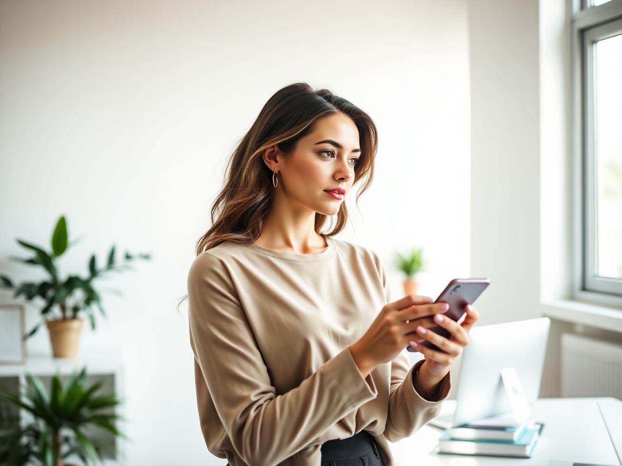 A woman in a beige long-sleeved shirt holds a smartphone while looking thoughtfully to the side in a bright office space with plants and a window.