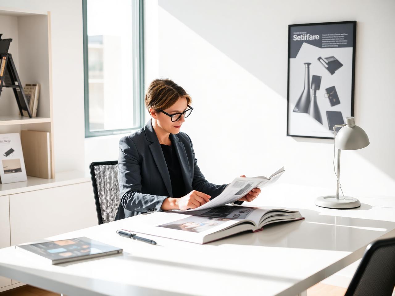 Professional woman in business attire reading a portfolio or design publication at a modern white desk in a bright office.