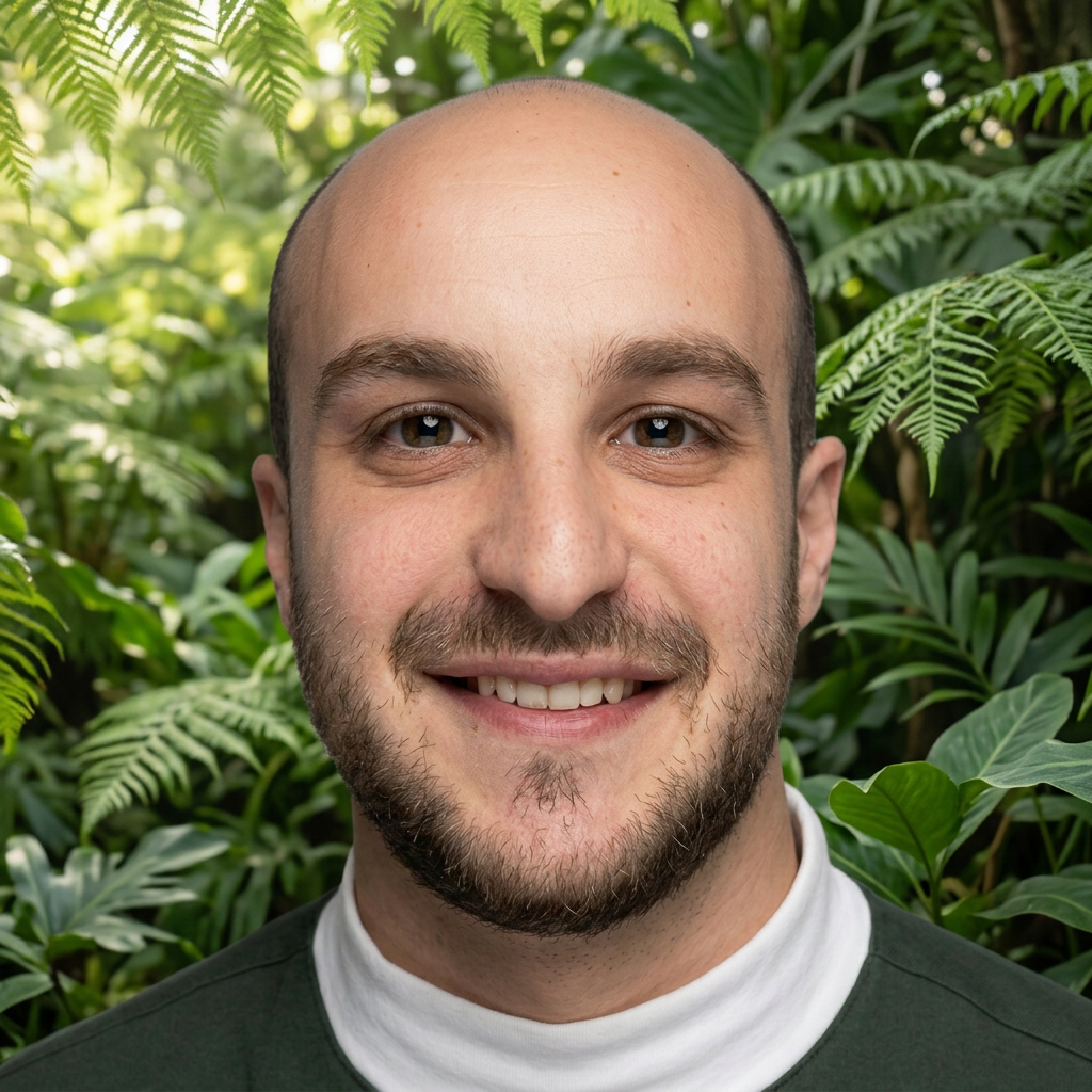 Smiling man with a beard wearing a white shirt, photographed against a lush green foliage background.