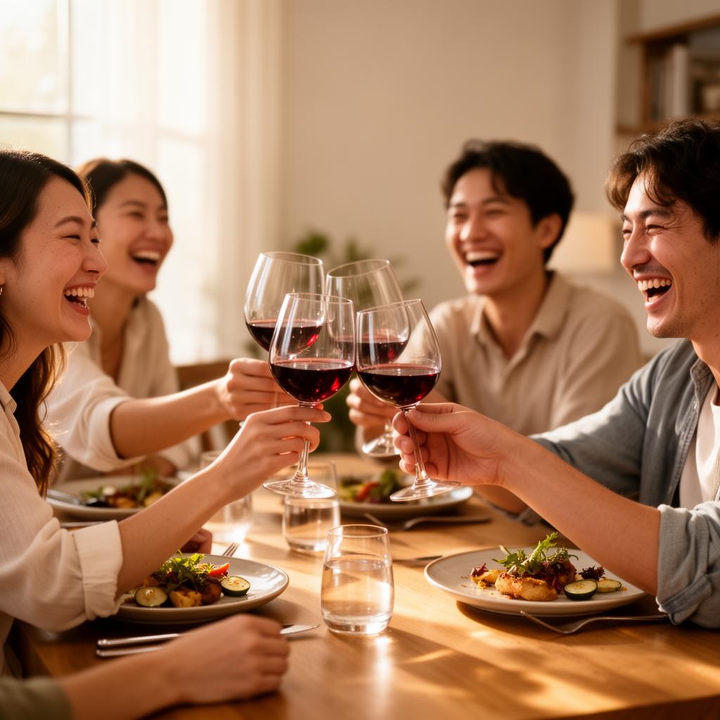 Five friends toast with red wine glasses while dining together at a wooden table with plated food and water glasses.