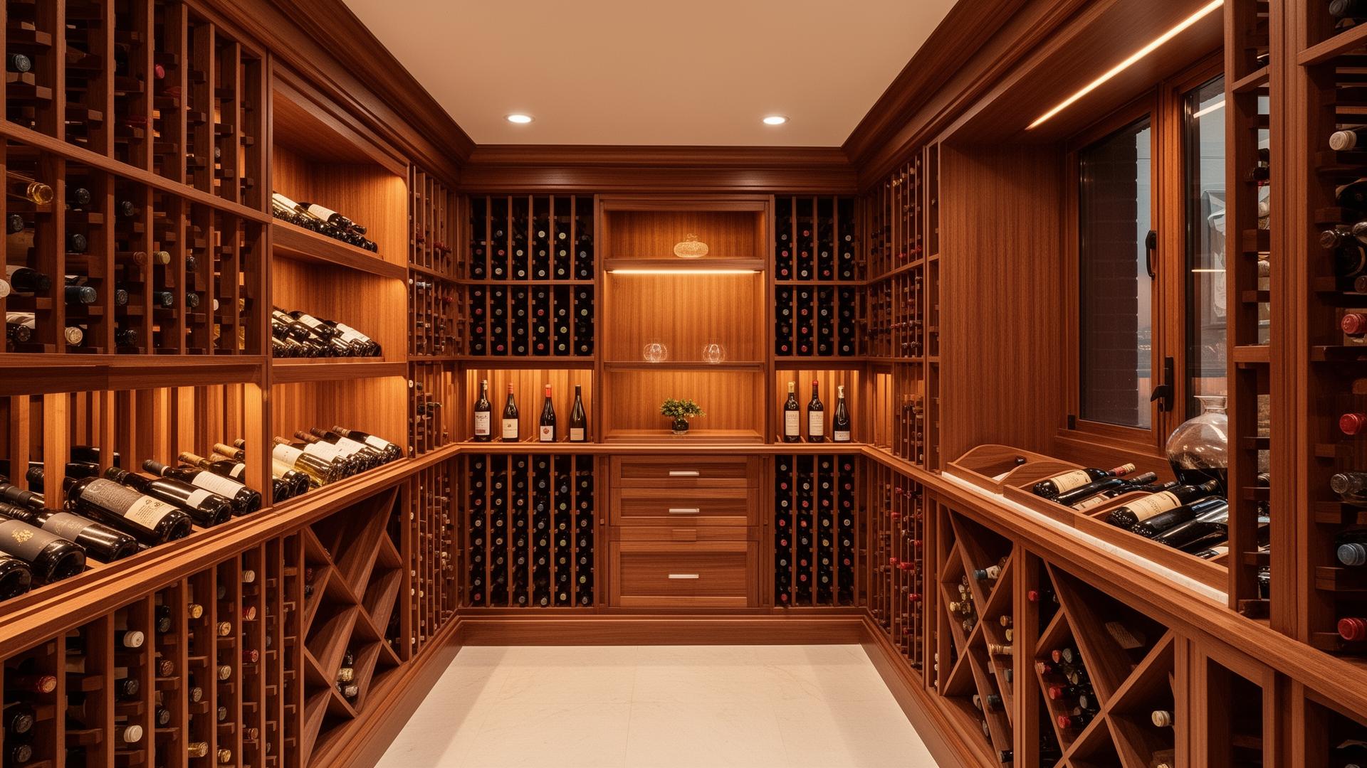 A luxury wooden wine cellar with floor-to-ceiling storage displays hundreds of wine bottles in organized racks and cubbies throughout the temperature-controlled room.